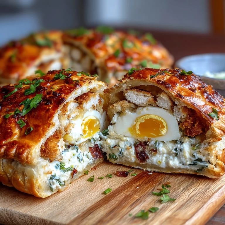 Hearty Easter Savory Pie with Hard-Boiled Eggs and Ham: savory layers of ricotta, diced ham, wilted spinach, and Parmesan, crowned with a glossy, golden puff pastry crust.