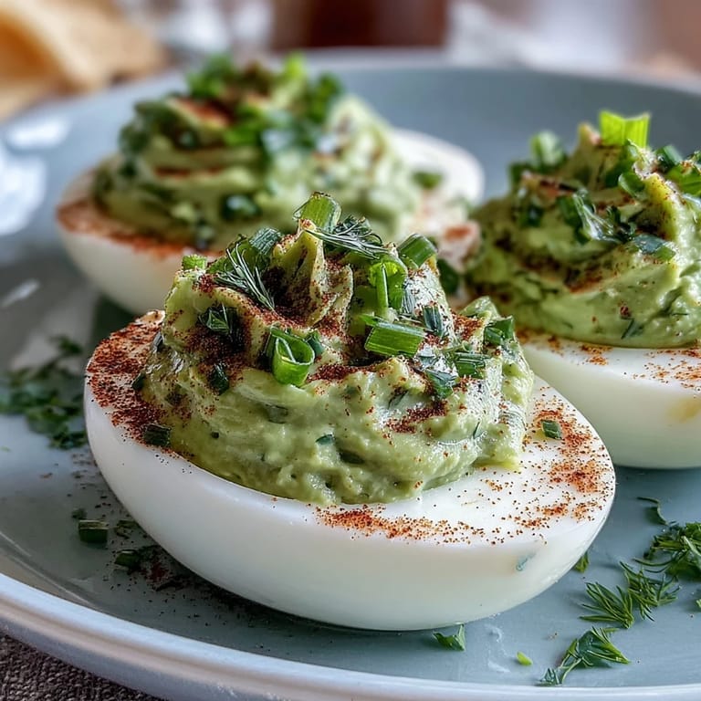 Fresh avocado deviled eggs bursting with bright color and flavor, a refreshing twist on a classic party favorite.