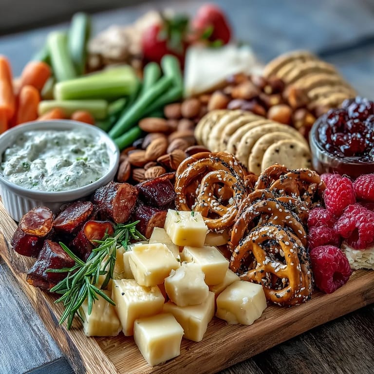 A vibrant mix of sweet and savory snacks arranged beautifully, making this board a hit at any grad party.