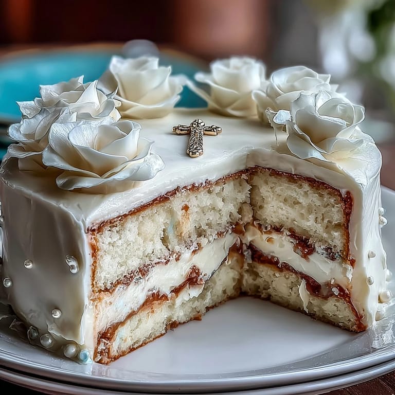 Elegant vanilla First Communion Cake with White Roses and Cross Topper, smooth white fondant roses and leaves arranged around a golden cross, perfect for religious celebrations.