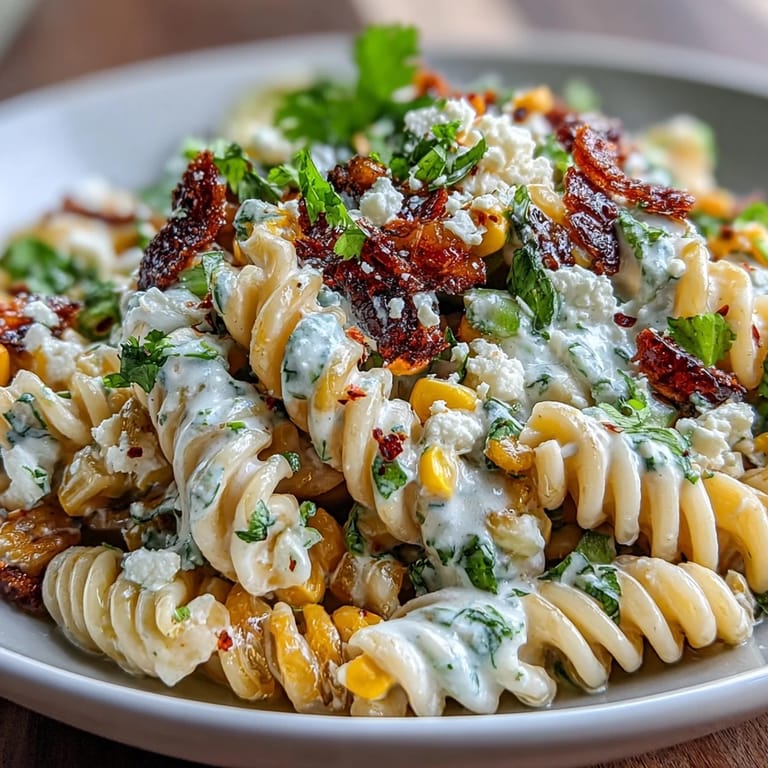 Mexican-inspired elote pasta with smoky paprika, diced bell peppers, and crumbled Cotija for a tangy, colorful side dish.