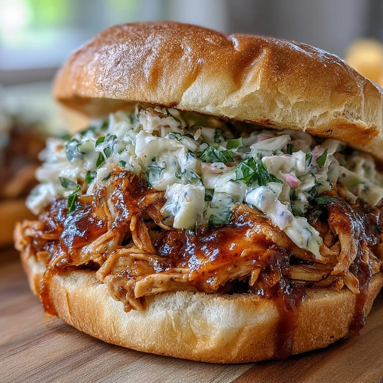 Slow-cooked tender chicken in smoky barbecue sauce, served on soft buns for a classic American sandwich.