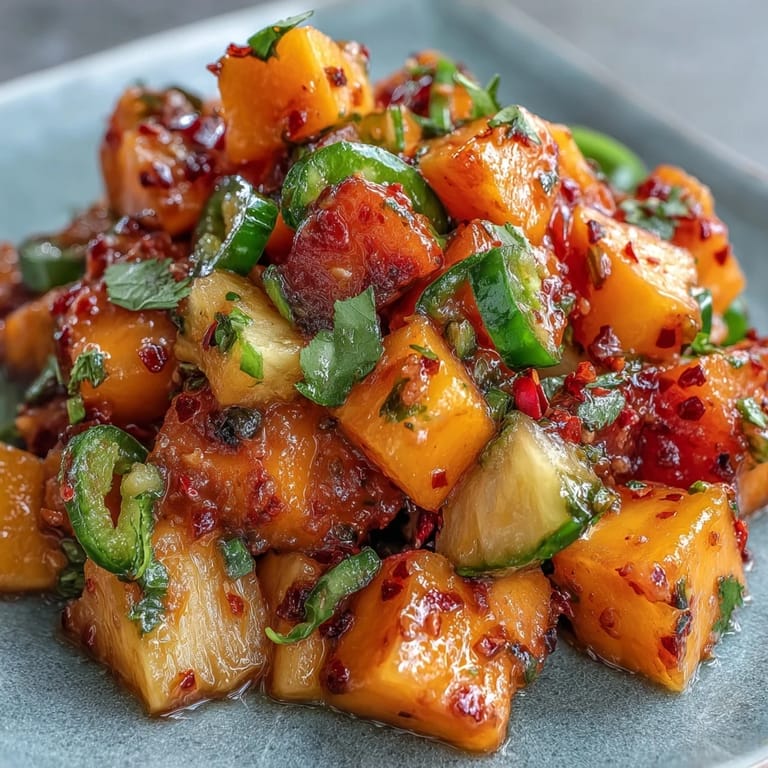 Colorful mango and watermelon fruit cups topped with fresh cilantro and a sprinkle of chili-lime seasoning.