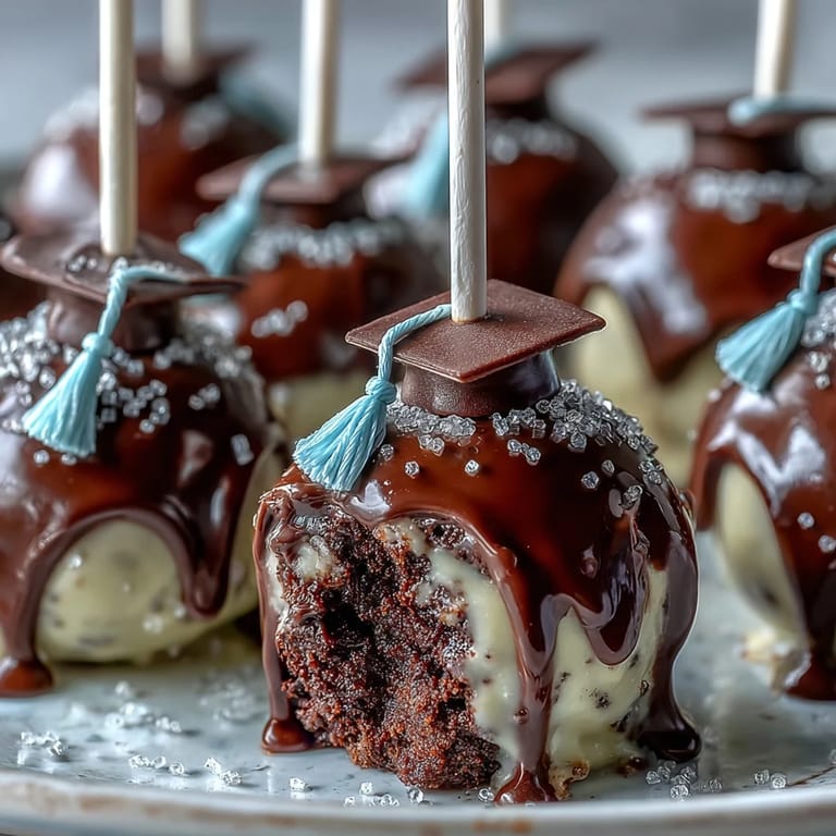 Colorful graduation cake pops featuring school hues, creamy frosting filling, and chocolate-dipped coating with edible accents.