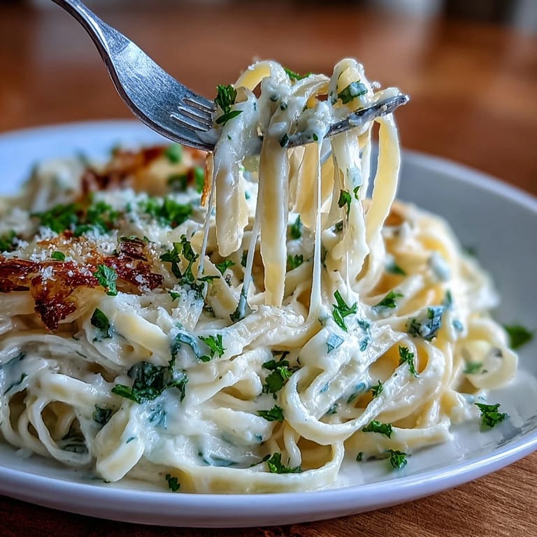 A visually appealing plate of Creamy Cabbage Alfredo topped with fresh parsley.