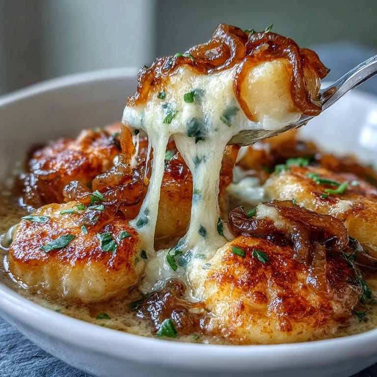 Golden-brown Gnocchi French Onion Soup, rich with caramelized onions and pillowy dumplings.