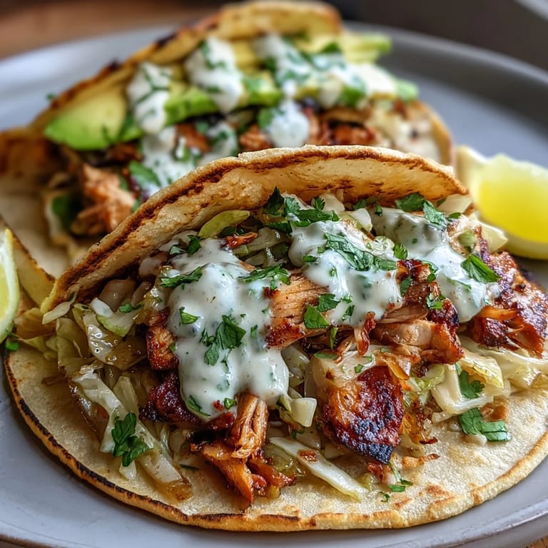 Vibrant roasted chicken cabbage tacos topped with fresh cilantro and crema.
