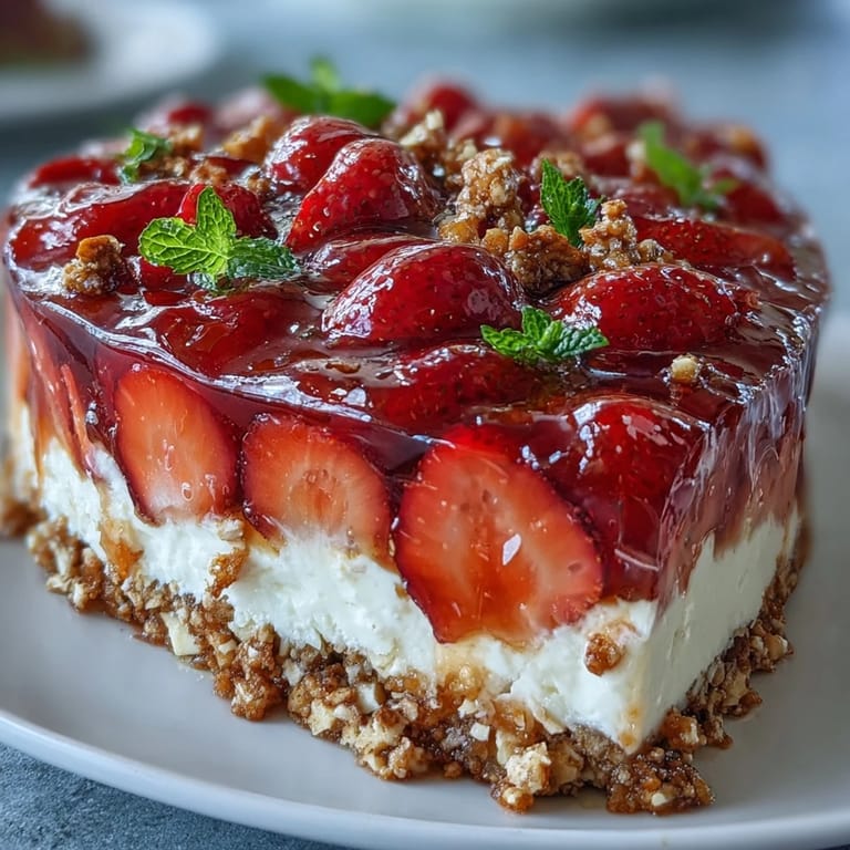 Showcasing festive layers of pretzel crust, cream cheese, and strawberry gelatin dessert.