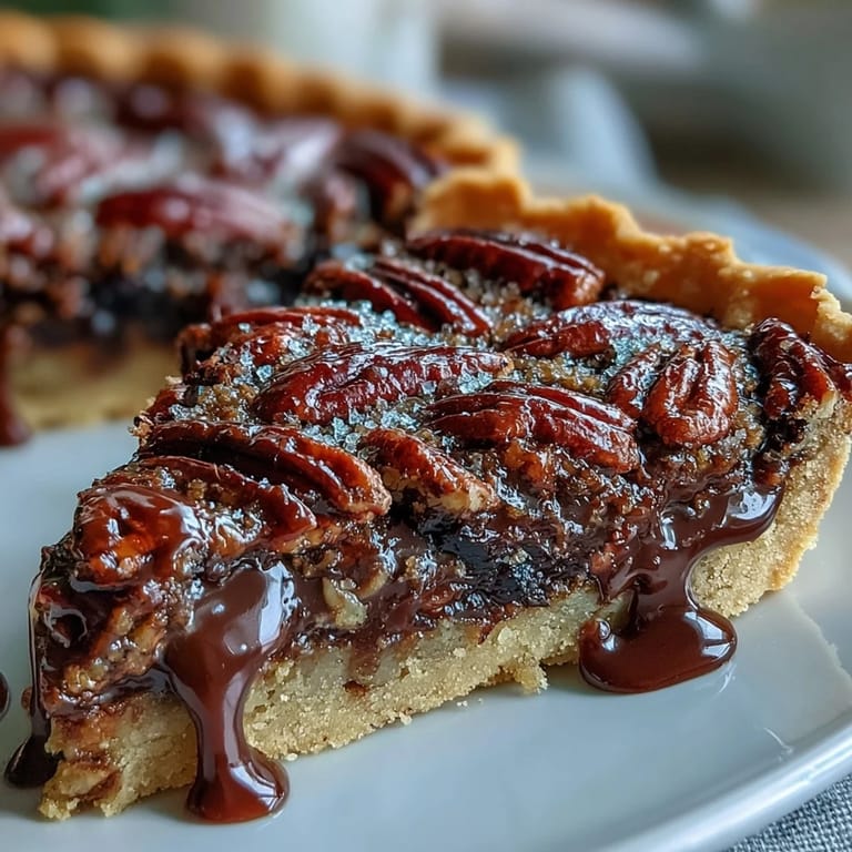 Rich chocolate bourbon pecan tart, a delightful Southern dessert featuring flaky crust.