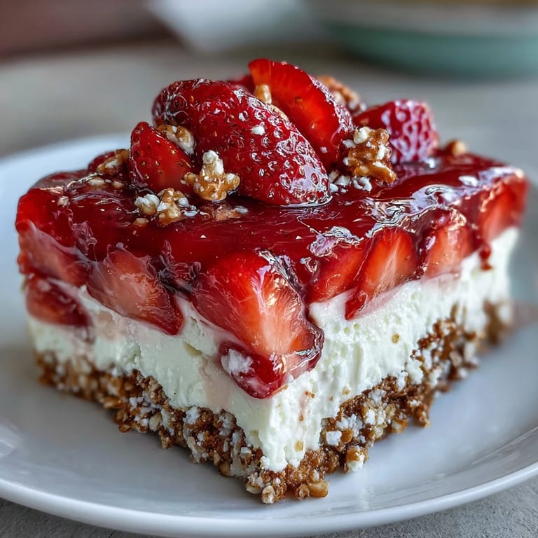 A cool, refreshing slice of Memorial Day Strawberry Pretzel Salad ready to serve.