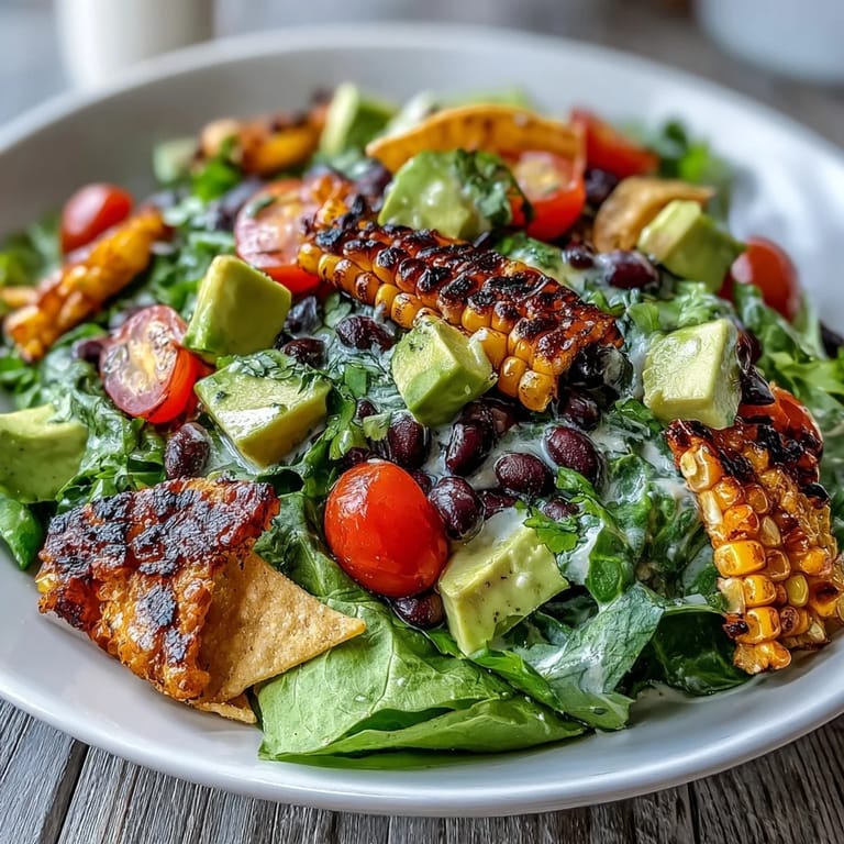 Colorful grilled corn and black bean taco salad topped with creamy avocado.