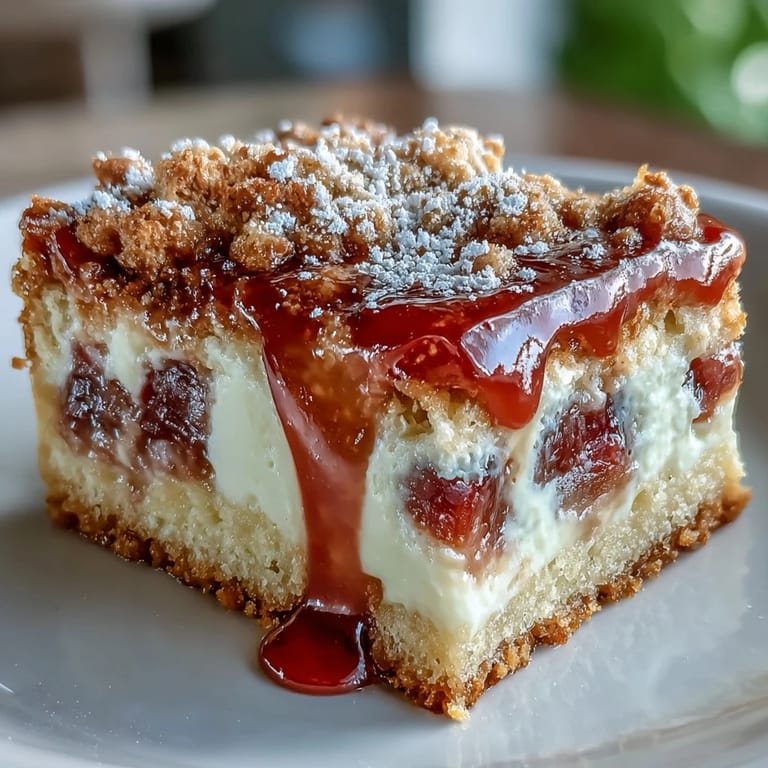 Close-up of moist Rhubarb Custard Bars, showing the creamy filling and buttery crust.