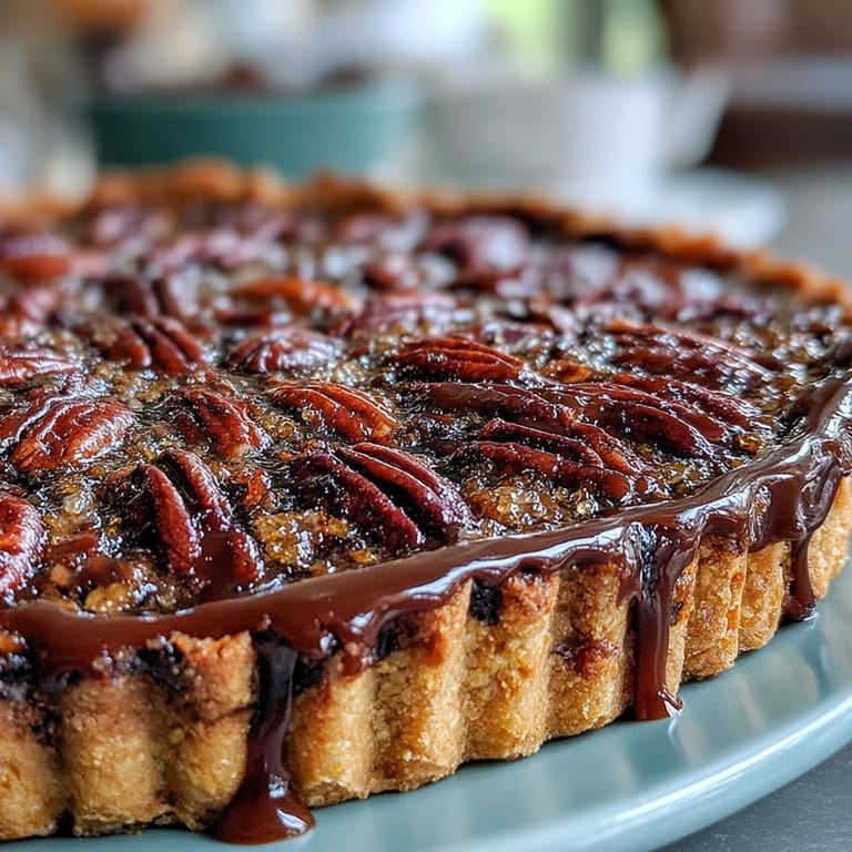 Golden brown Kentucky Derby Chocolate Bourbon Pecan Tart, ready for serving.