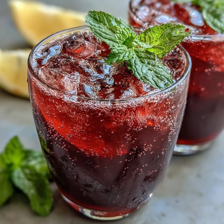 Vibrant Sparkling Hibiscus Mint Lemonade Mocktail ready to serve in glasses.