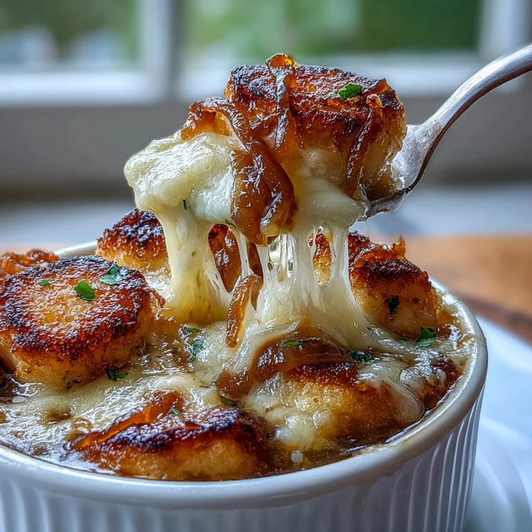 Hearty Gnocchi French Onion Soup in oven-safe bowls, ready to serve.