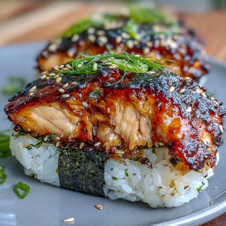 Savory grilled salmon onigiri, lightly browned, with a nori wrap for flavor.