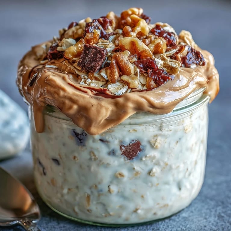 Creamy protein cookie dough overnight oats topped with chocolate chips for breakfast.