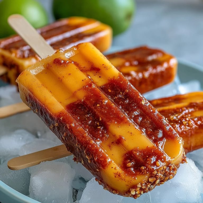 Vibrant Fricy Mango Chamoy Popsicles with Tajin, swirled with chamoy and dusted.