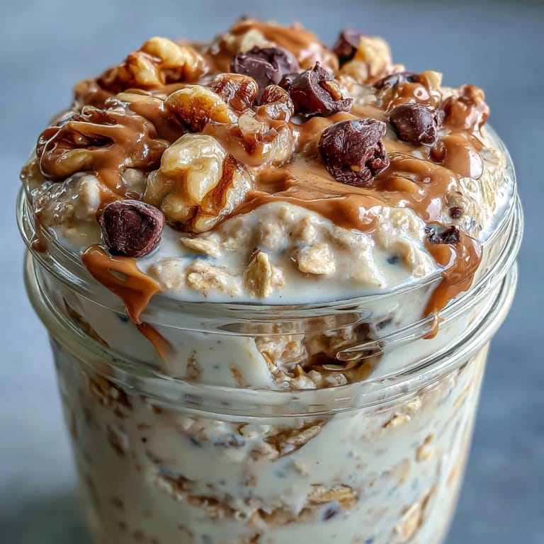 Close-up of healthy protein cookie dough overnight oats in a mason jar.