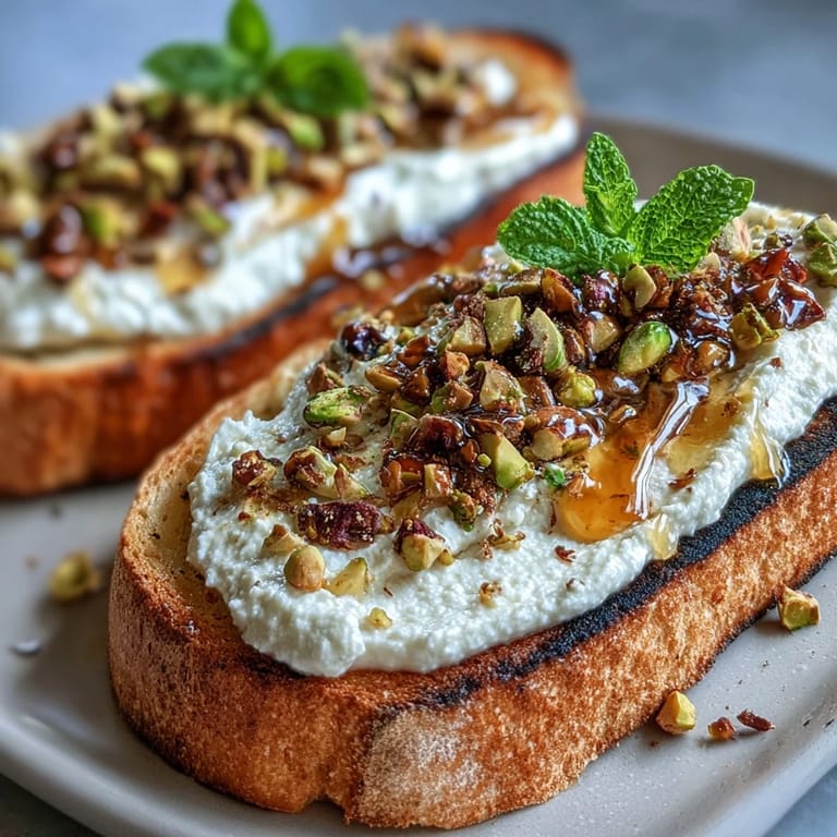 Golden-brown toasted bread featuring airy whipped ricotta, sweet honey, and pistachios.
