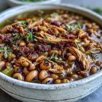 Close-up of tender black-eyed peas simmering with shredded smoked turkey in a rich, savory broth, garnished with fresh parsley and a drizzle of hot sauce for a Southern kick.