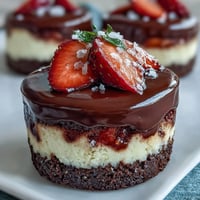 Easy Dubai Chocolate Strawberry Cheesecake Cups: rich chocolate biscuit base topped with creamy vanilla cheesecake and fresh strawberries, finished with glossy ganache.