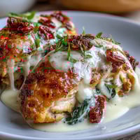 Creamy Tuscan Chicken Skillet with golden seared chicken in a rich garlic cream sauce and sun-dried tomatoes.