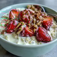 Strawberry Overnight Oats with Chia Seeds and Granola - creamy oats with fresh strawberries, chia seeds, and crunchy granola for a nutritious breakfast.