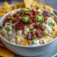 Festive Cinco de Mayo loaded queso dip with melted cheese, spicy chorizo, and fresh pico de gallo served with crispy tortilla chips.