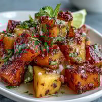 Vibrant mango and pineapple cubes dusted with chili-lime seasoning, served in clear cups with lime wedges.