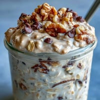 Protein cookie dough overnight oats photographed in a jar with chocolate chips.