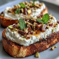 Whipped ricotta toast topped with honey, pistachios, and flaky sea salt.